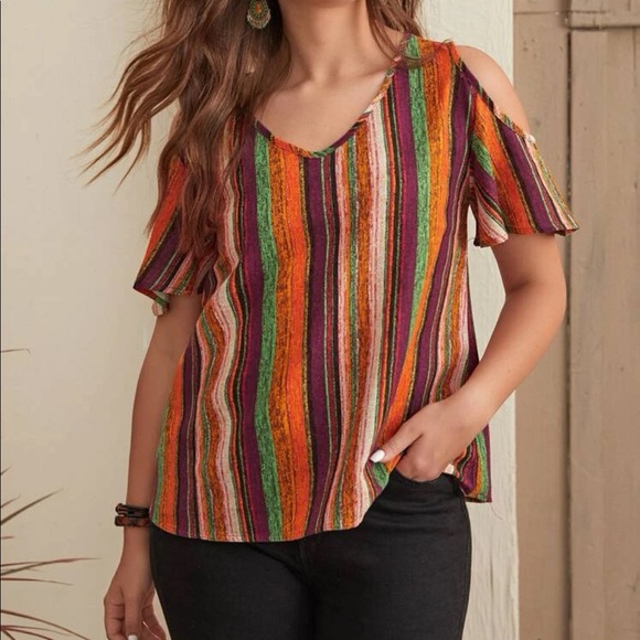SHEIN Tops - HP 5/17!! SHEIN Emery Rose Colorful Striped Cold Shoulder Top